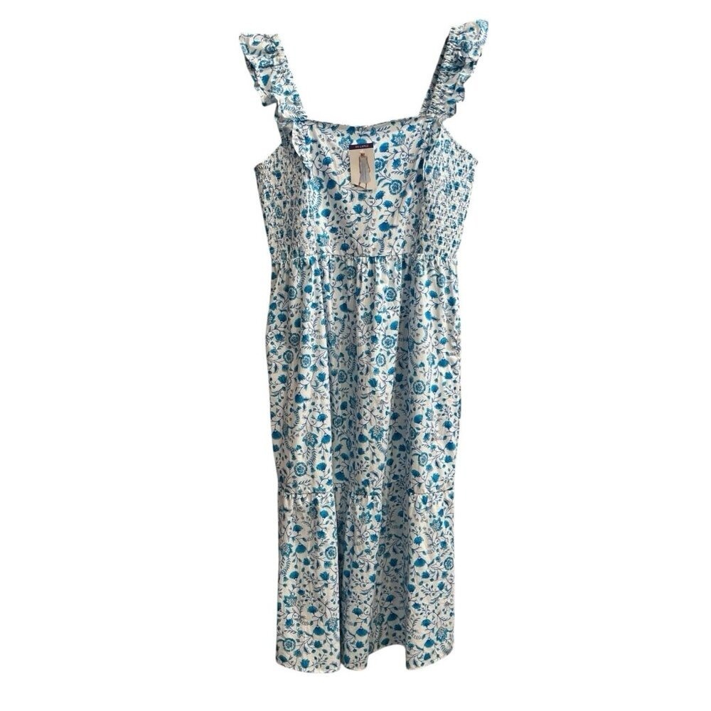 Draper James Dress Blue Floral Smocked Maxi Ruffle Size XXL Cottagecore Beach